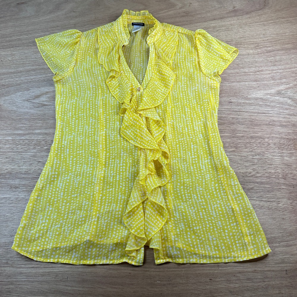 Maurices Womens Medium Yellow Sheer Ruffle Button Front Blouse Short Sleeve